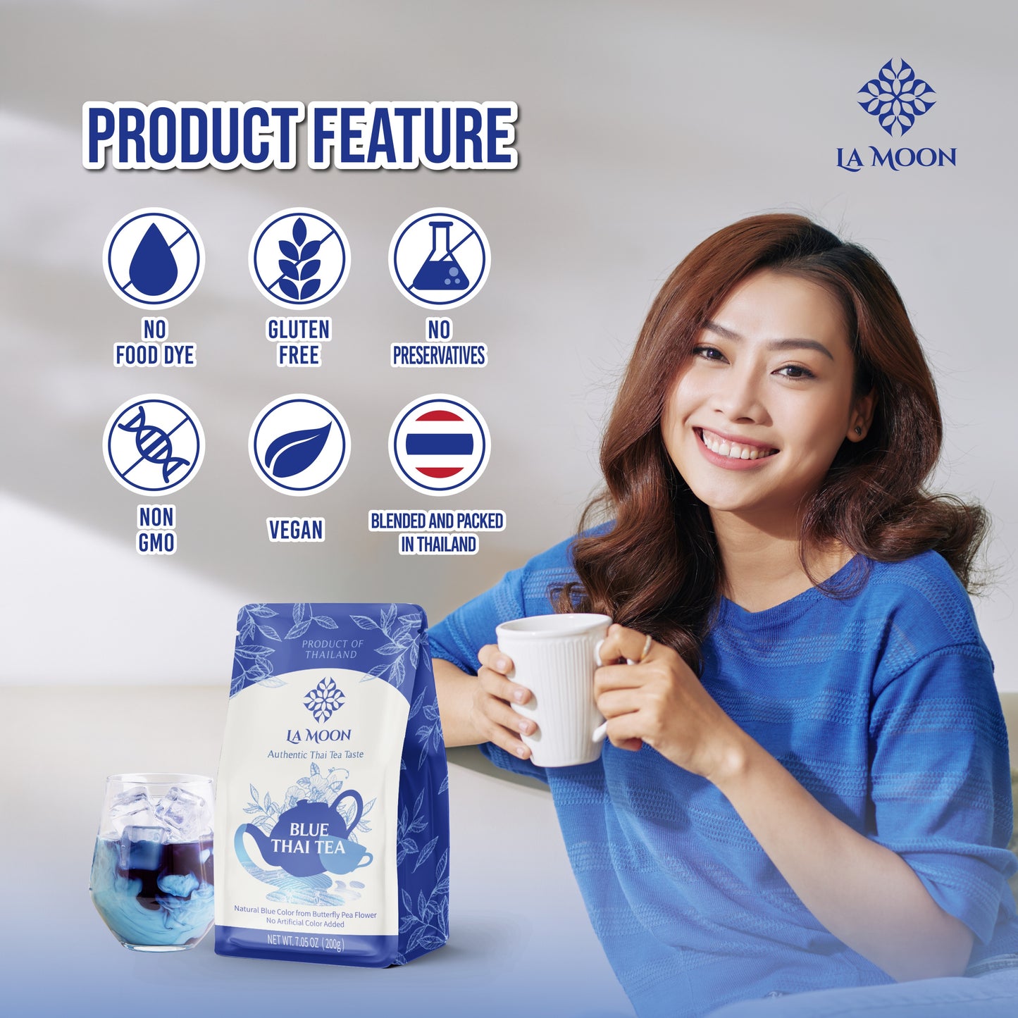LA MOON TEA Blue Thai Tea Mix - Traditional Loose Leaf from Butterfly Pea Flower and Assam Black for Home-made Iced Tea, Boba & Latte No Food Dye, 7.05 Oz.