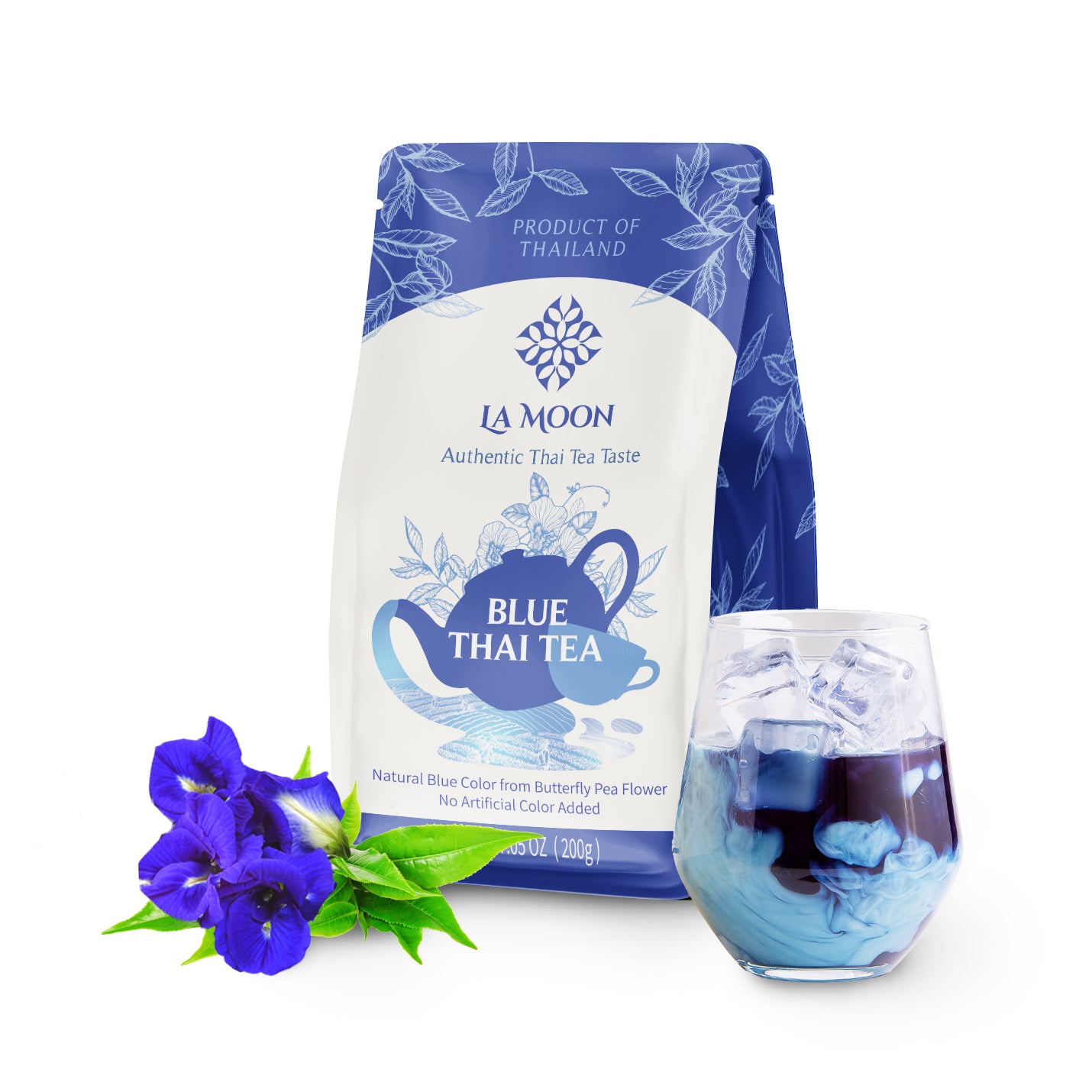 LA MOON TEA Blue Thai Tea Mix - Traditional Loose Leaf from Butterfly Pea Flower and Assam Black for Home-made Iced Tea, Boba & Latte No Food Dye, 7.05 Oz.