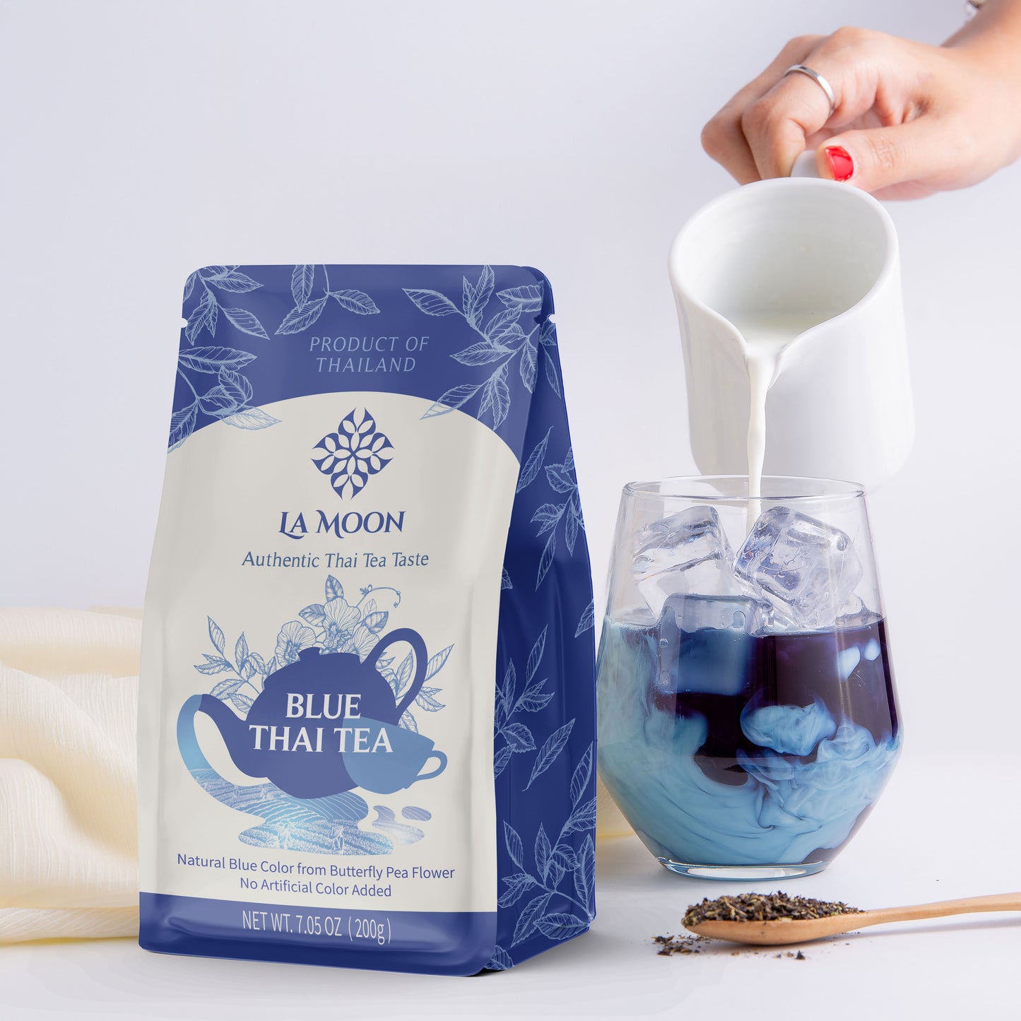 LA MOON TEA Blue Thai Tea Mix - Traditional Loose Leaf from Butterfly Pea Flower and Assam Black for Home-made Iced Tea, Boba & Latte No Food Dye, 7.05 Oz.