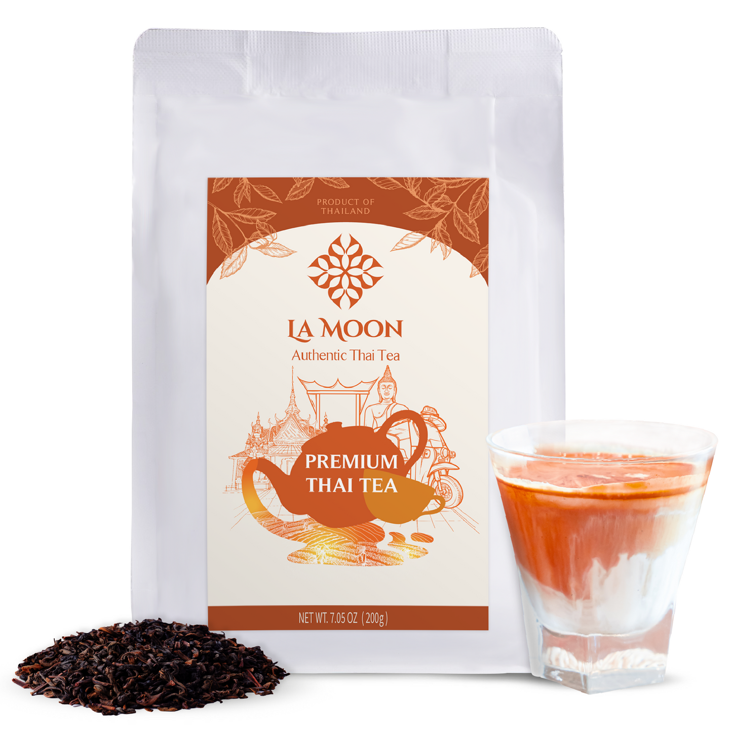 LA MOON TEA Premium Thai Tea Mix Powder - Assam Loose Leaf Tea Blend From Thailand for Original Hot or Iced Thai Tea Taste - Ideal for Bubble Tea & Milk Tea, 7.05 oz