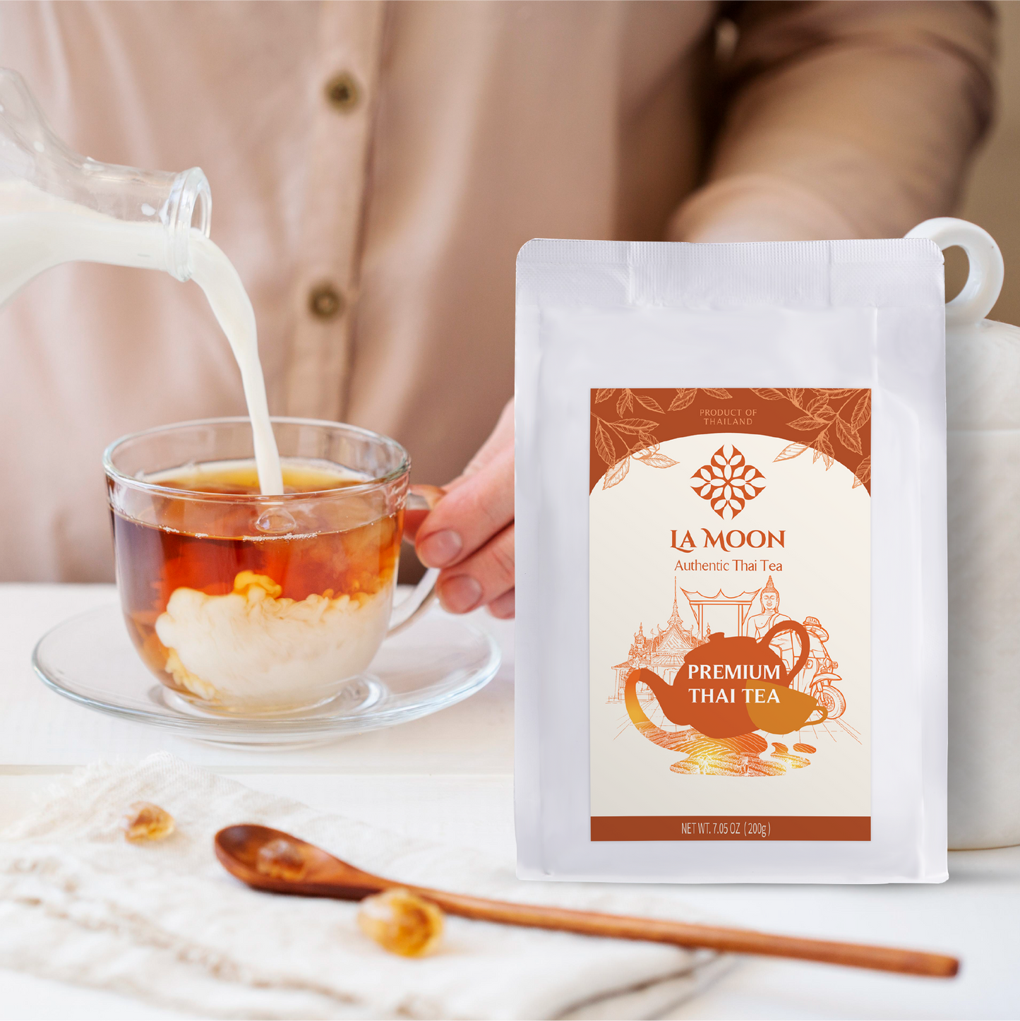 LA MOON TEA Premium Thai Tea Mix Powder - Assam Loose Leaf Tea Blend From Thailand for Original Hot or Iced Thai Tea Taste - Ideal for Bubble Tea & Milk Tea, 7.05 oz