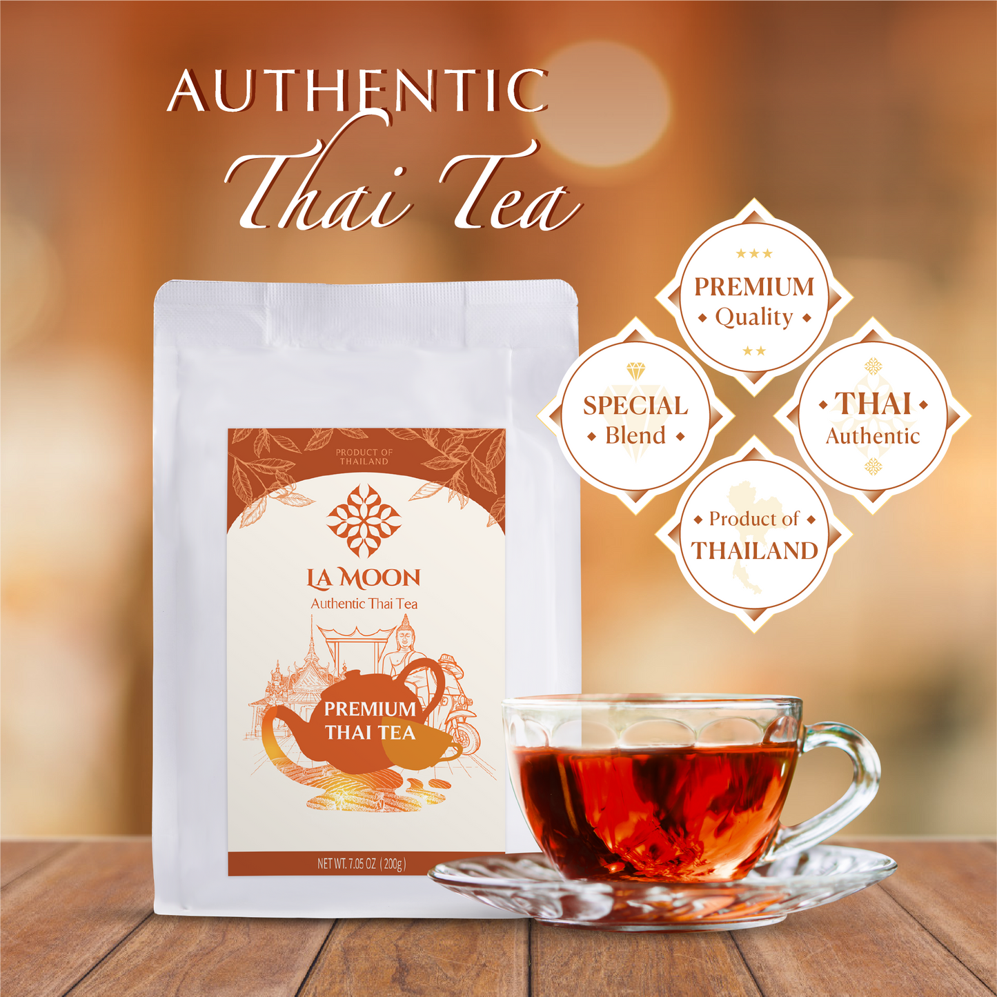 LA MOON TEA Premium Thai Tea Mix Powder - Assam Loose Leaf Tea Blend From Thailand for Original Hot or Iced Thai Tea Taste - Ideal for Bubble Tea & Milk Tea, 7.05 oz