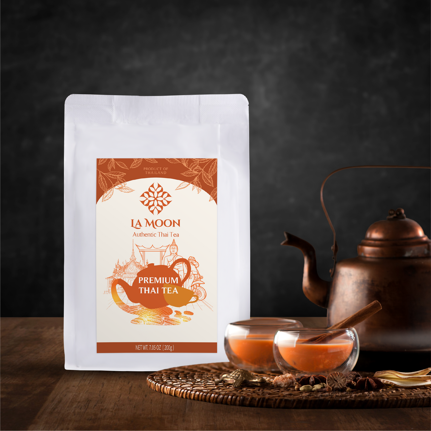 LA MOON TEA Premium Thai Tea Mix Powder - Assam Loose Leaf Tea Blend From Thailand for Original Hot or Iced Thai Tea Taste - Ideal for Bubble Tea & Milk Tea, 7.05 oz